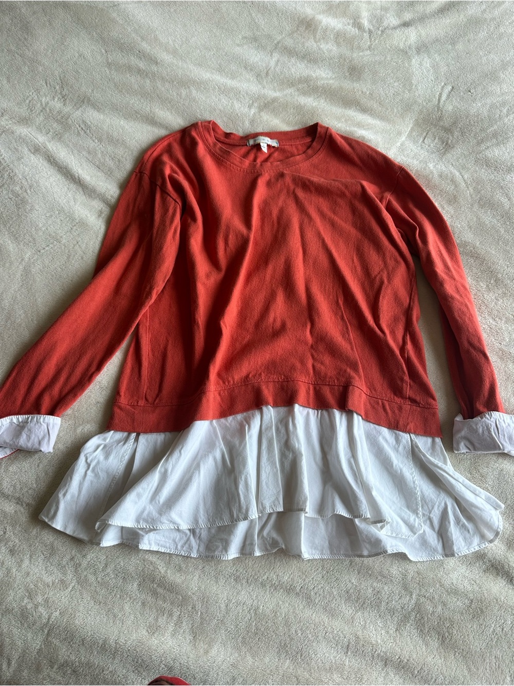Layered Hem Sweatshirt Top in Coral with White Ruffle